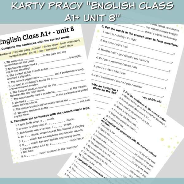 Zestaw English Class A1+ Unit 8 do druku, online - Lamipoli